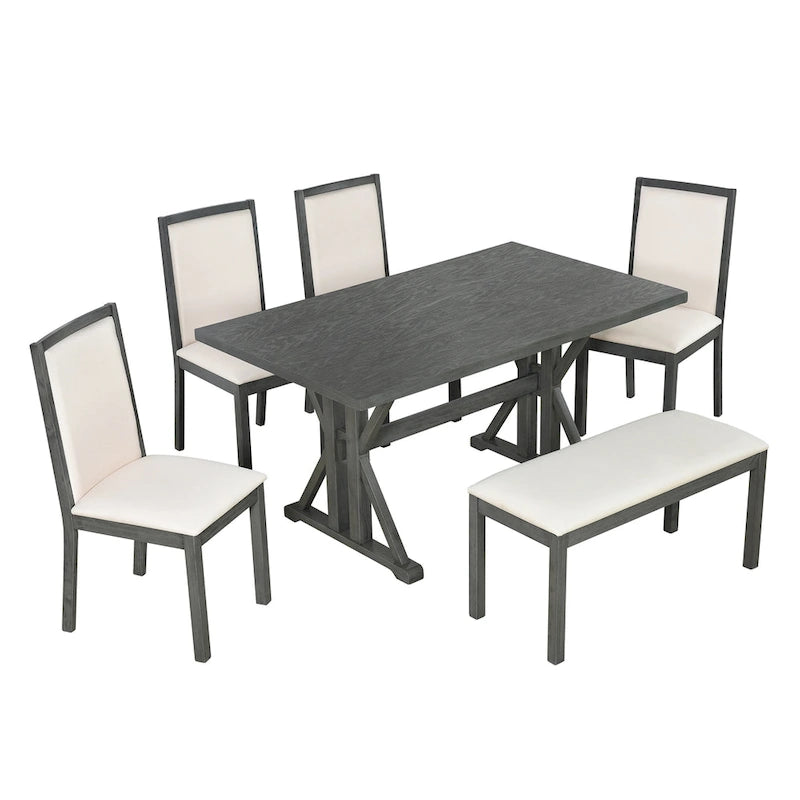 Juego de comedor para 6 personas estilo rústico beige/natural – Mesa, 4 sillas y banco
