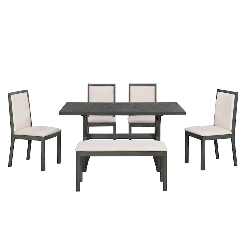 Juego de comedor para 6 personas estilo rústico beige/natural – Mesa, 4 sillas y banco