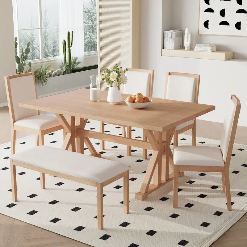 Juego de comedor para 6 personas estilo rústico beige/natural – Mesa, 4 sillas y banco