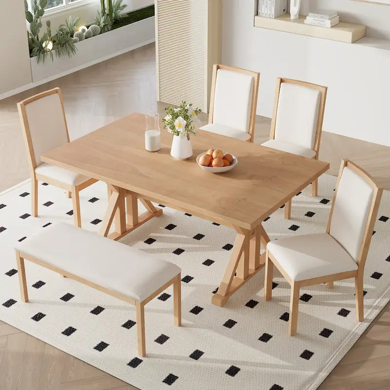 Juego de comedor para 6 personas estilo rústico beige/natural – Mesa, 4 sillas y banco