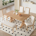 Juego de comedor para 6 personas estilo rústico beige/natural – Mesa, 4 sillas y banco