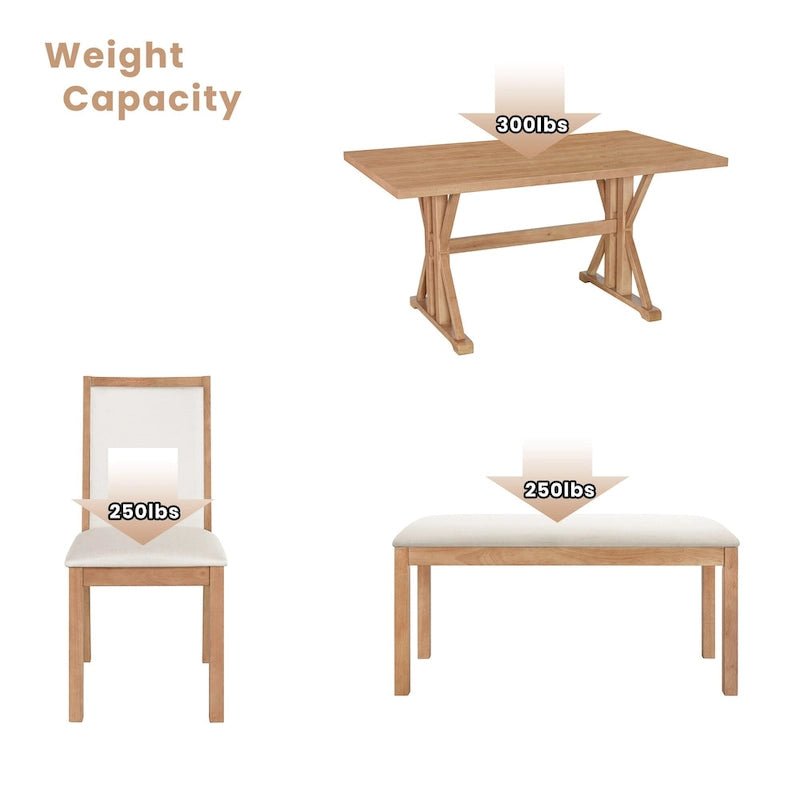 Juego de comedor para 6 personas estilo rústico beige/natural – Mesa, 4 sillas y banco