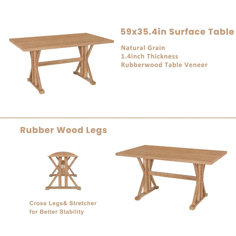 Juego de comedor para 6 personas estilo rústico beige/natural – Mesa, 4 sillas y banco
