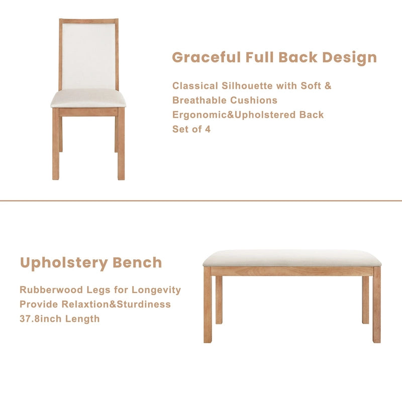 Juego de comedor para 6 personas estilo rústico beige/natural – Mesa, 4 sillas y banco