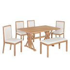 Juego de comedor para 6 personas estilo rústico beige/natural – Mesa, 4 sillas y banco