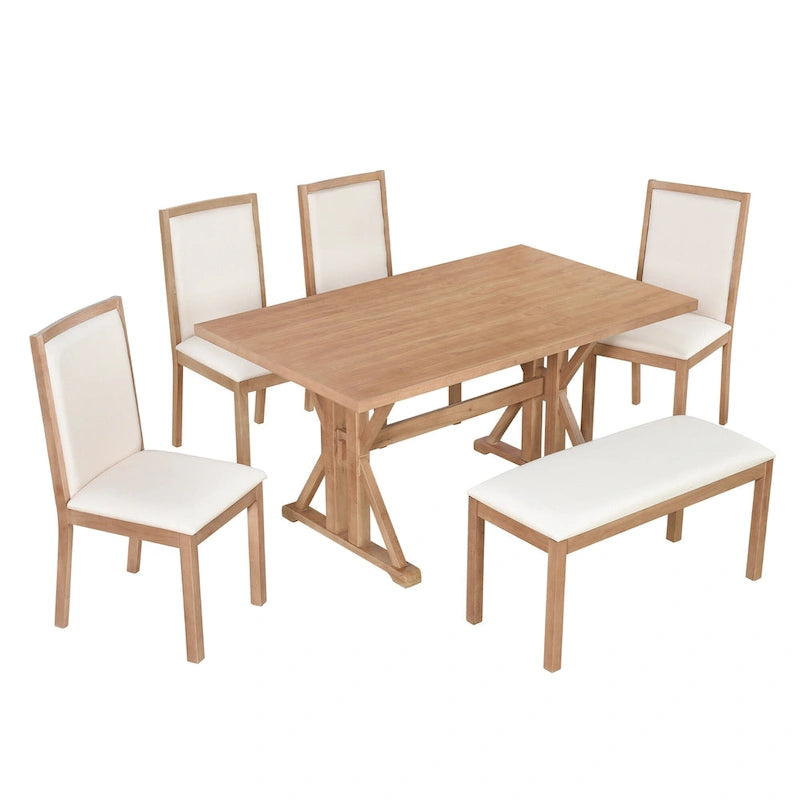 Juego de comedor para 6 personas estilo rústico beige/natural – Mesa, 4 sillas y banco