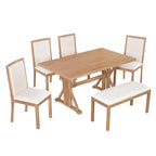 Juego de comedor para 6 personas estilo rústico beige/natural – Mesa, 4 sillas y banco