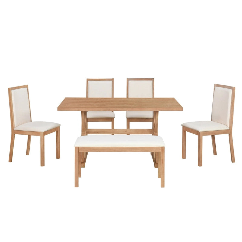 Juego de comedor para 6 personas estilo rústico beige/natural – Mesa, 4 sillas y banco