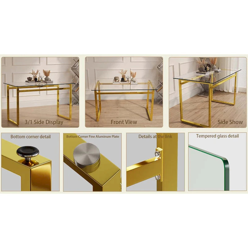 Mesa de comedor de cristal rectangular dorada, 4-6 plazas