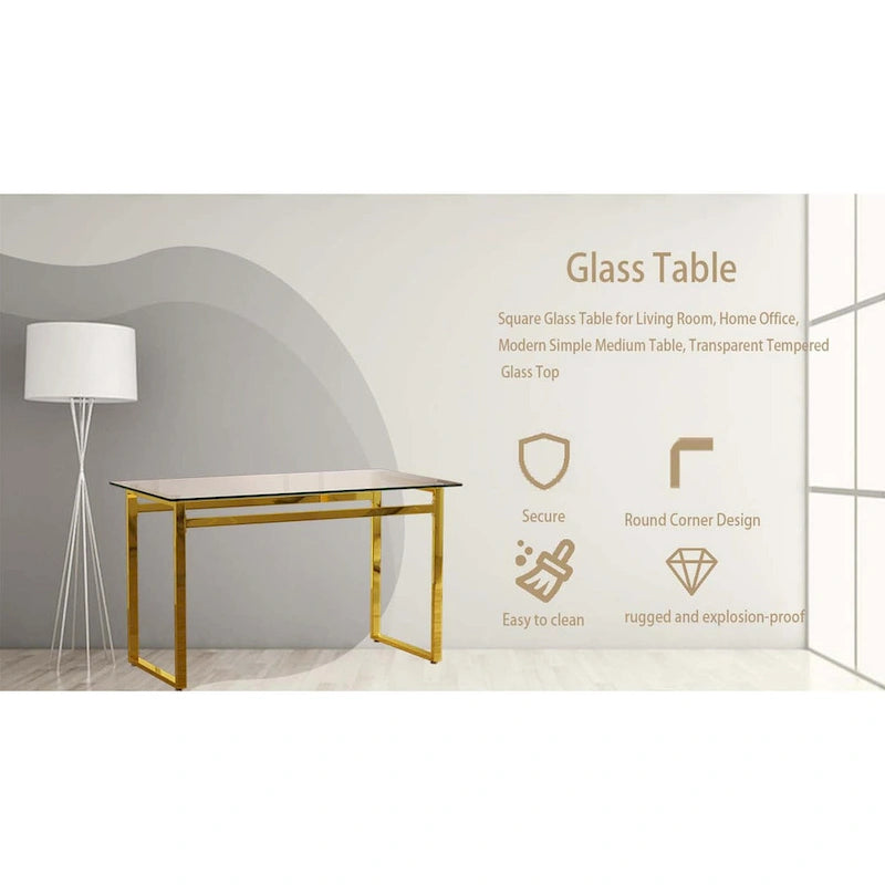 Mesa de comedor de cristal rectangular dorada, 4-6 plazas