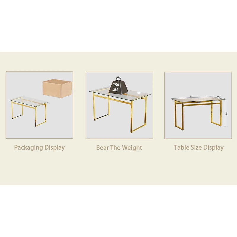 Mesa de comedor de cristal rectangular dorada, 4-6 plazas