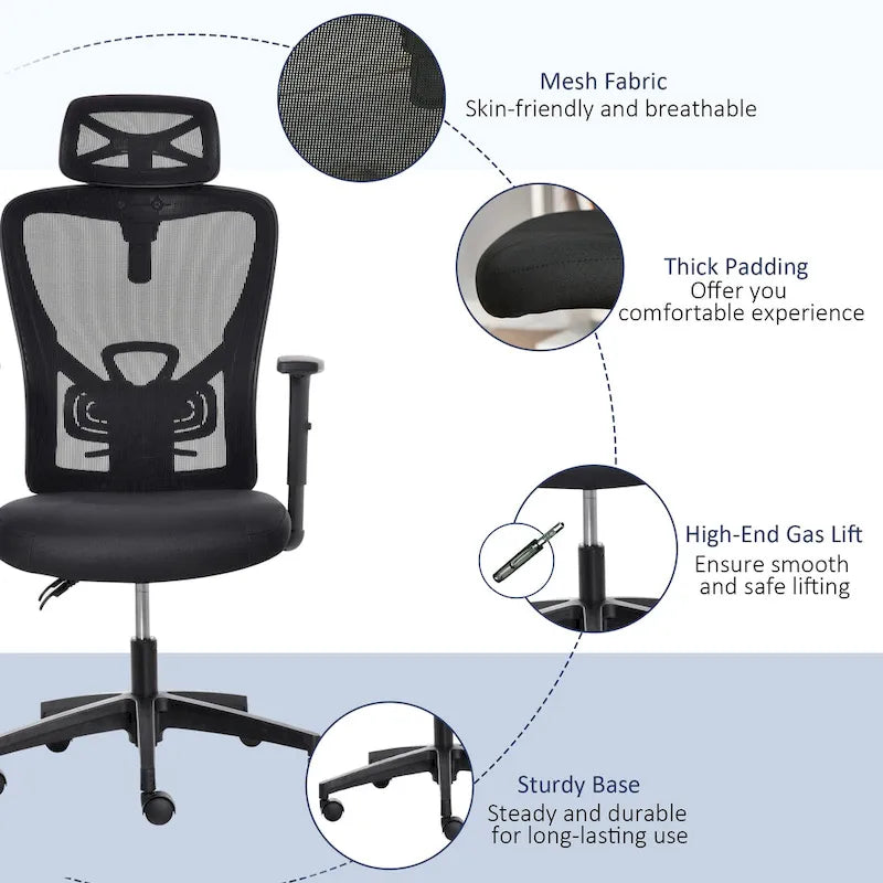 Sillón de oficina ergonómico con respaldo alto de malla negra, individual