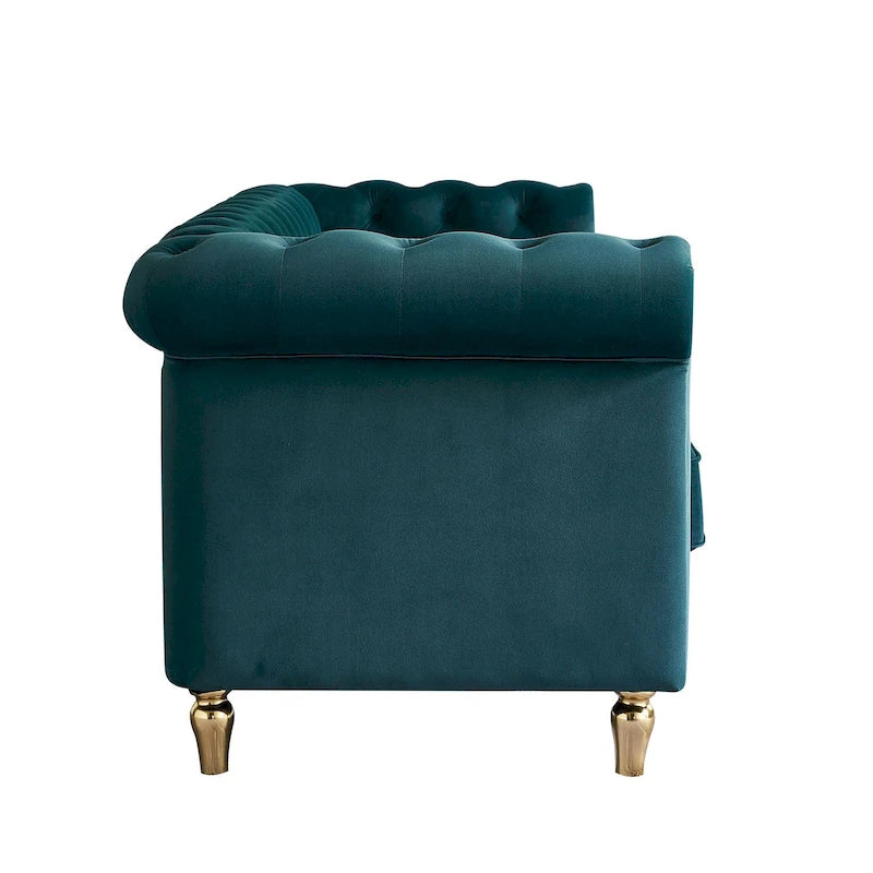 Sofá Chesterfield de terciopelo verde/rosa, ribete dorado, 2-3 plazas