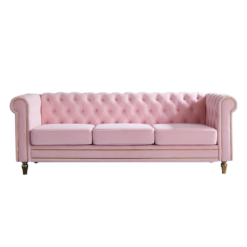 Sofá Chesterfield de terciopelo verde/rosa, ribete dorado, 2-3 plazas