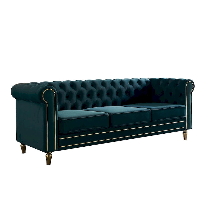 Sofá Chesterfield de terciopelo verde/rosa, ribete dorado, 2-3 plazas