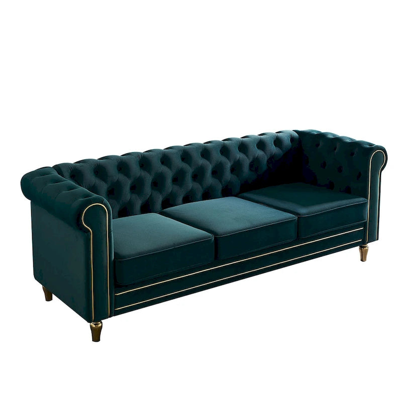 Sofá Chesterfield de terciopelo verde/rosa, ribete dorado, 2-3 plazas