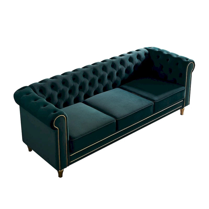Sofá Chesterfield de terciopelo verde/rosa, ribete dorado, 2-3 plazas