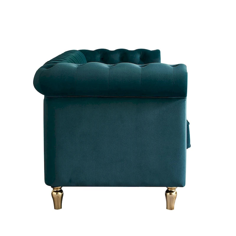 Sofá Chesterfield de terciopelo verde/rosa, ribete dorado, 2-3 plazas