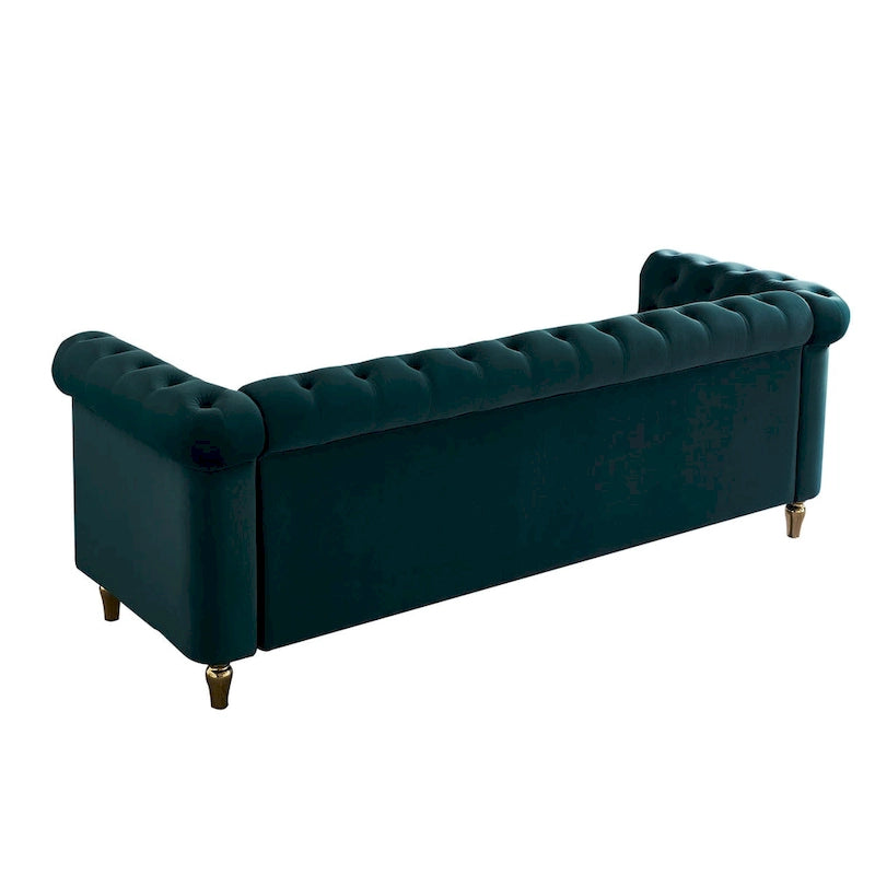 Sofá Chesterfield de terciopelo verde/rosa, ribete dorado, 2-3 plazas