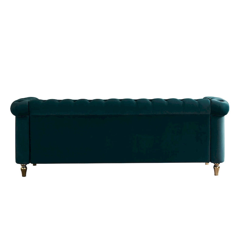 Sofá Chesterfield de terciopelo verde/rosa, ribete dorado, 2-3 plazas