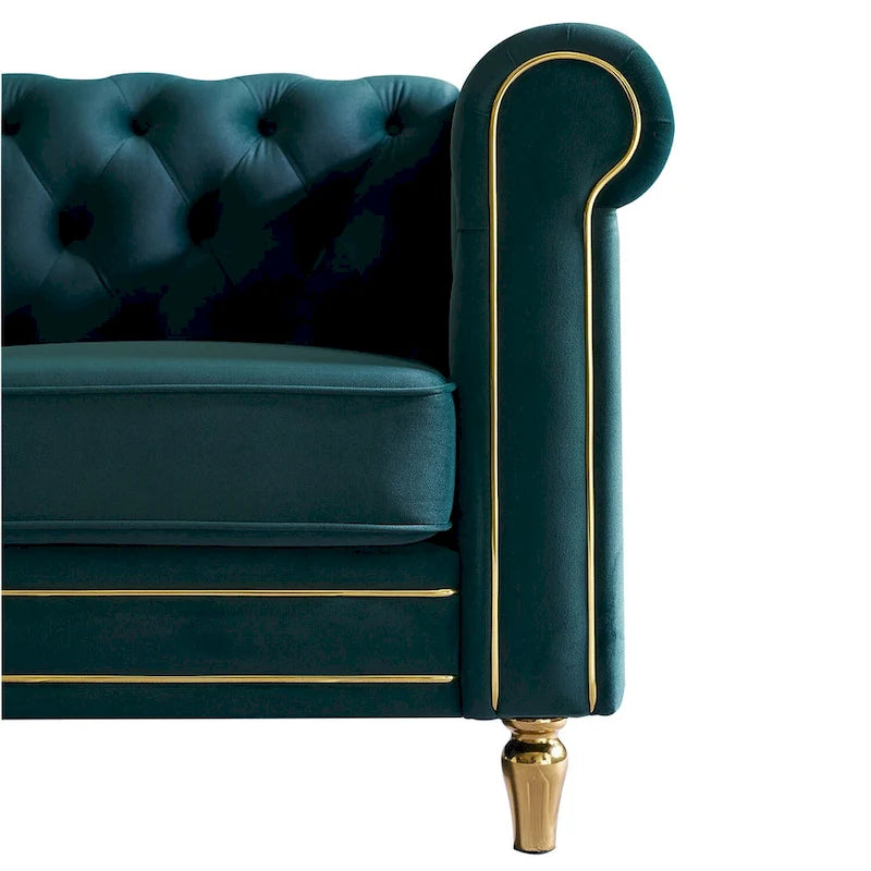 Sofá Chesterfield de terciopelo verde/rosa, ribete dorado, 2-3 plazas