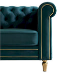 Sofá Chesterfield de terciopelo verde/rosa, ribete dorado, 2-3 plazas