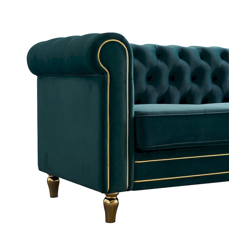 Sofá Chesterfield de terciopelo verde/rosa, ribete dorado, 2-3 plazas