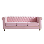 Sofá Chesterfield de terciopelo verde/rosa, ribete dorado, 2-3 plazas