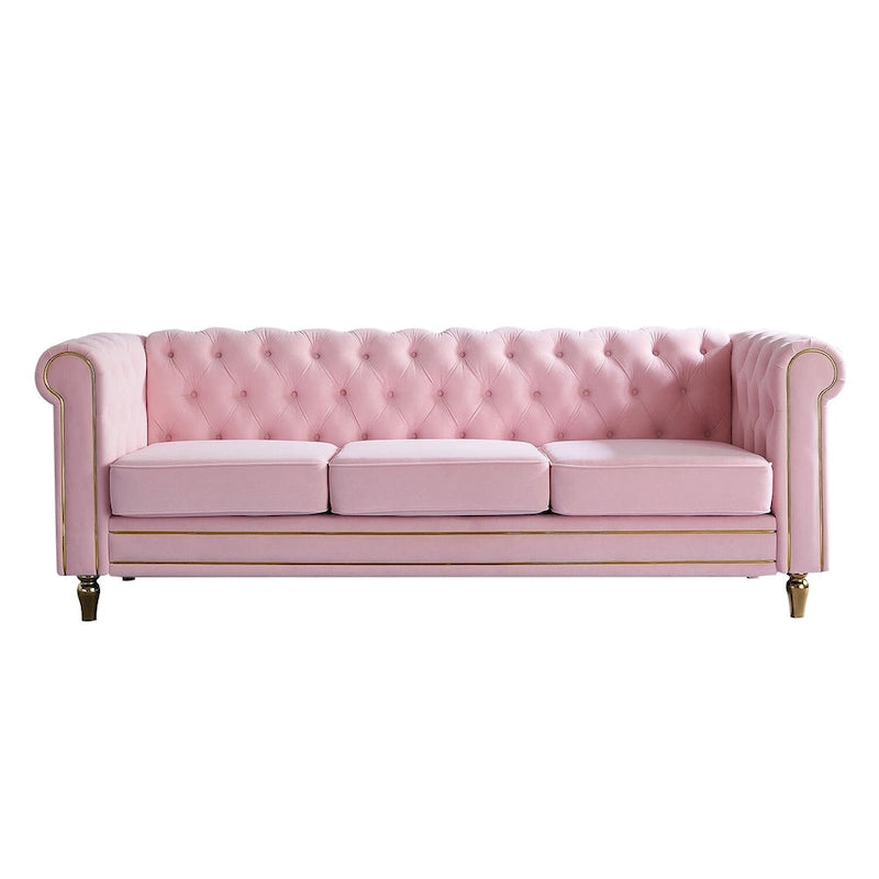 Sofá Chesterfield de terciopelo verde/rosa, ribete dorado, 2-3 plazas