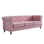 Sofá Chesterfield de terciopelo verde/rosa, ribete dorado, 2-3 plazas