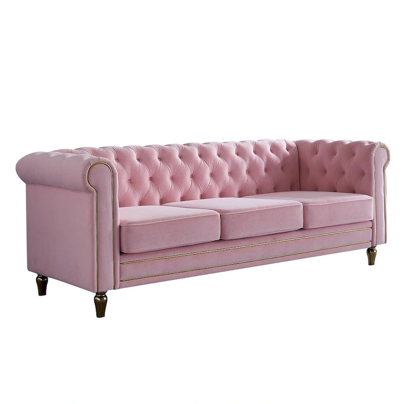 Sofá Chesterfield de terciopelo verde/rosa, ribete dorado, 2-3 plazas