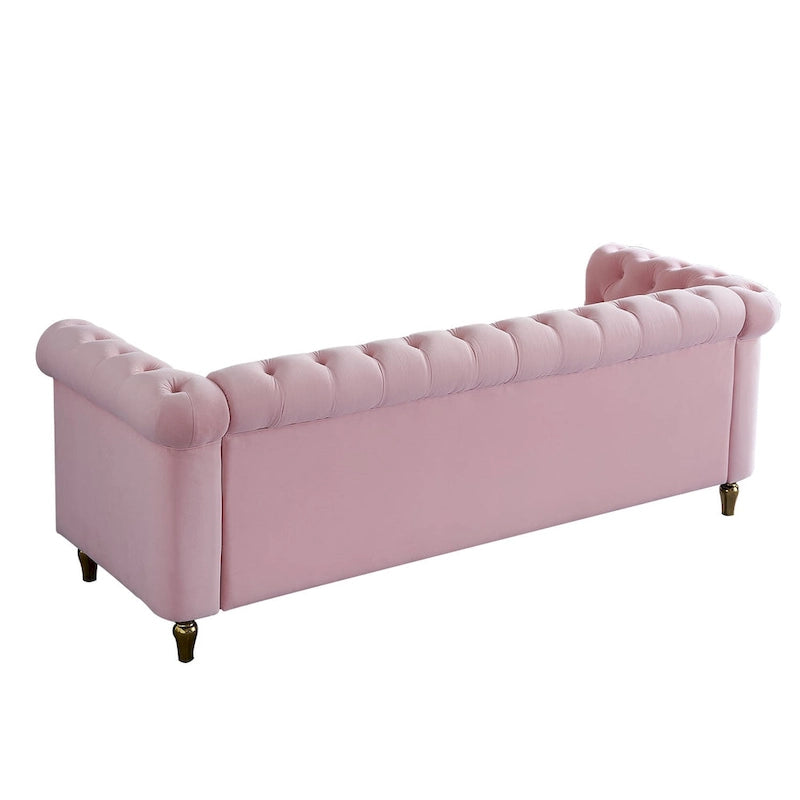 Sofá Chesterfield de terciopelo verde/rosa, ribete dorado, 2-3 plazas