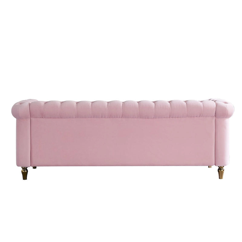 Sofá Chesterfield de terciopelo verde/rosa, ribete dorado, 2-3 plazas