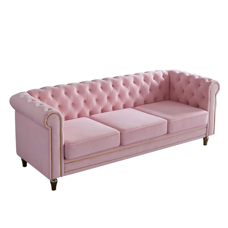 Sofá Chesterfield de terciopelo verde/rosa, ribete dorado, 2-3 plazas