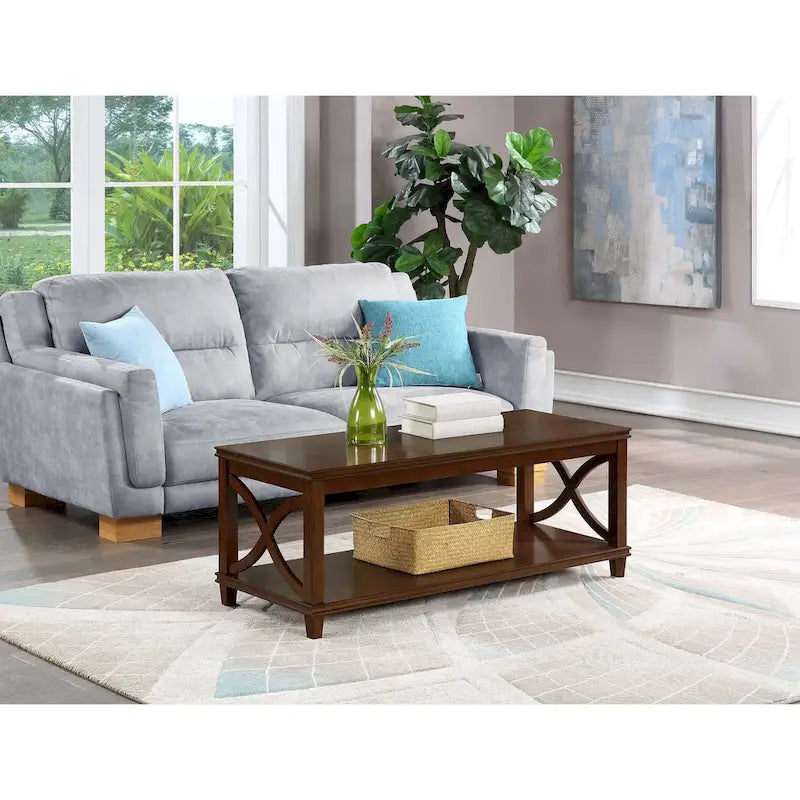 Mesa de centro con estante inferior, estilo de transición – Madera flotante/Blanco, Espresso, Negro