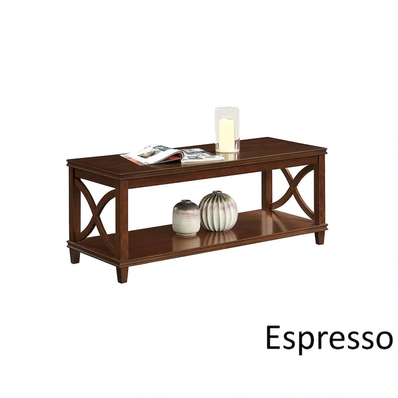 Mesa de centro con estante inferior, estilo de transición – Madera flotante/Blanco, Espresso, Negro