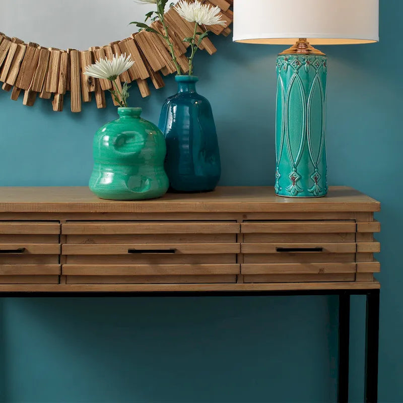 Mesa Consola de Madera con 3 Cajones y Rejilla, Tono Cerezo