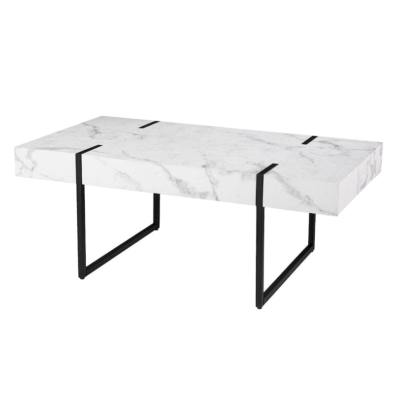 Mesa de centro rectangular de mármol sintético blanco y metal, 1 asiento