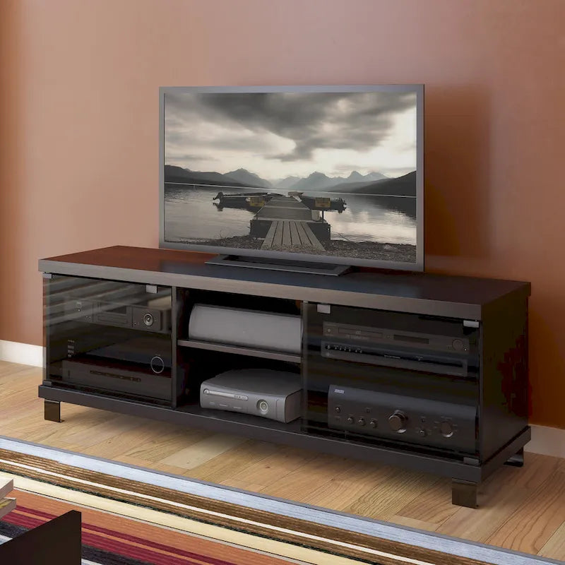 Mueble para TV negro con puertas de cristal, para televisores de hasta 75"