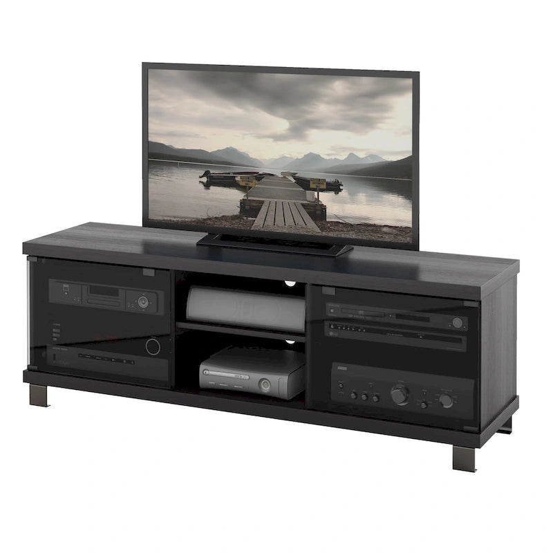 Mueble para TV negro con puertas de cristal, para televisores de hasta 75"