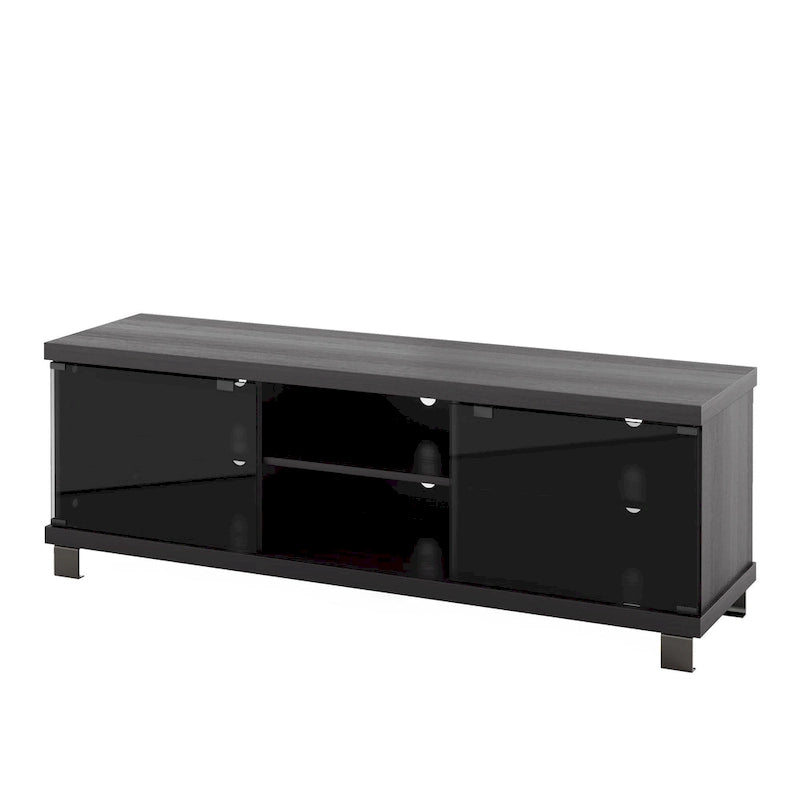 Mueble para TV negro con puertas de cristal, para televisores de hasta 75"