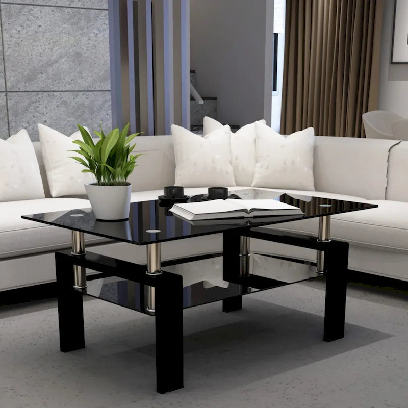 Mesa de centro rectangular de cristal negro, 2 niveles, para 1 persona