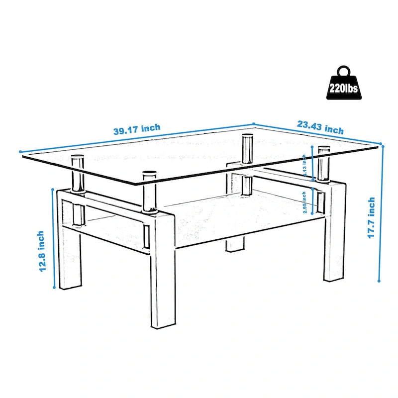 Mesa de centro rectangular de cristal negro, 2 niveles, para 1 persona