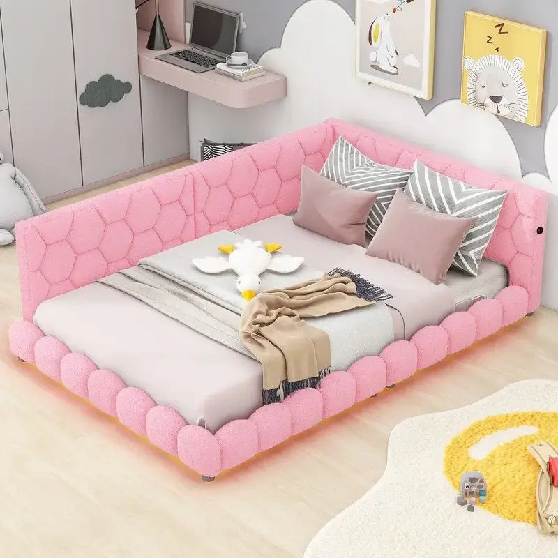 Cama nido de tamaño completo tapizada en tejido teddy blanco/rosa con luces LED y puertos USB, capacidad para 1 persona