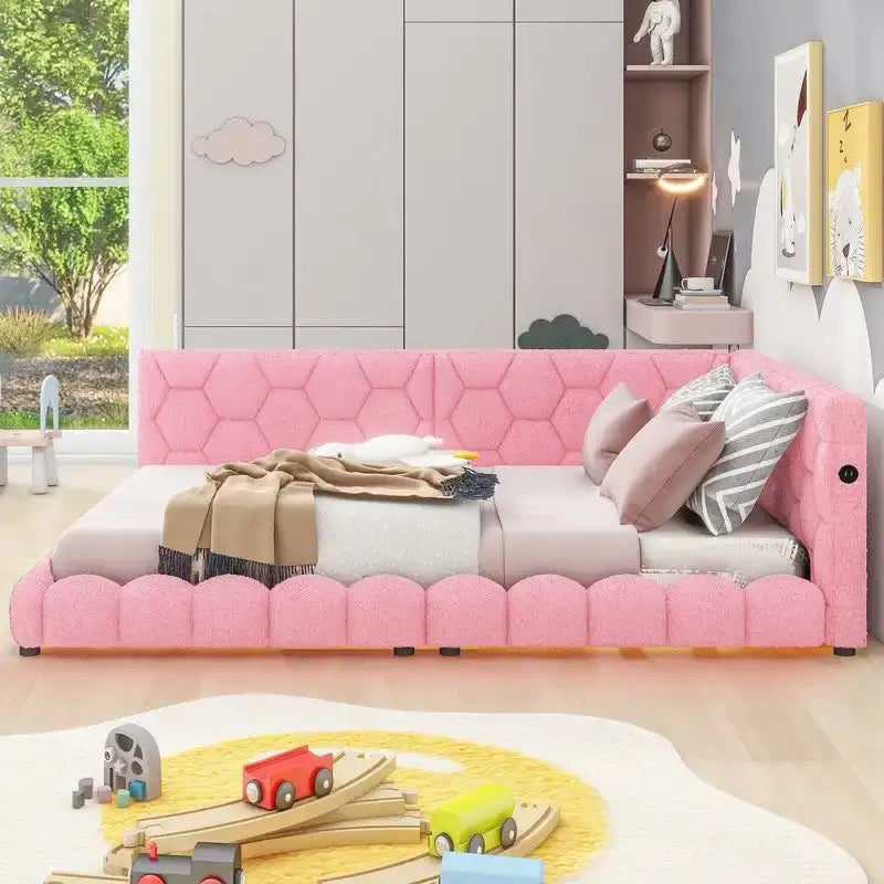Cama nido de tamaño completo tapizada en tejido teddy blanco/rosa con luces LED y puertos USB, capacidad para 1 persona