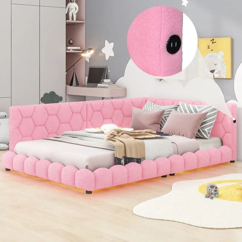 Cama nido de tamaño completo tapizada en tejido teddy blanco/rosa con luces LED y puertos USB, capacidad para 1 persona