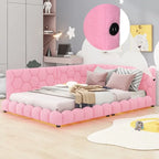 Cama nido de tamaño completo tapizada en tejido teddy blanco/rosa con luces LED y puertos USB, capacidad para 1 persona
