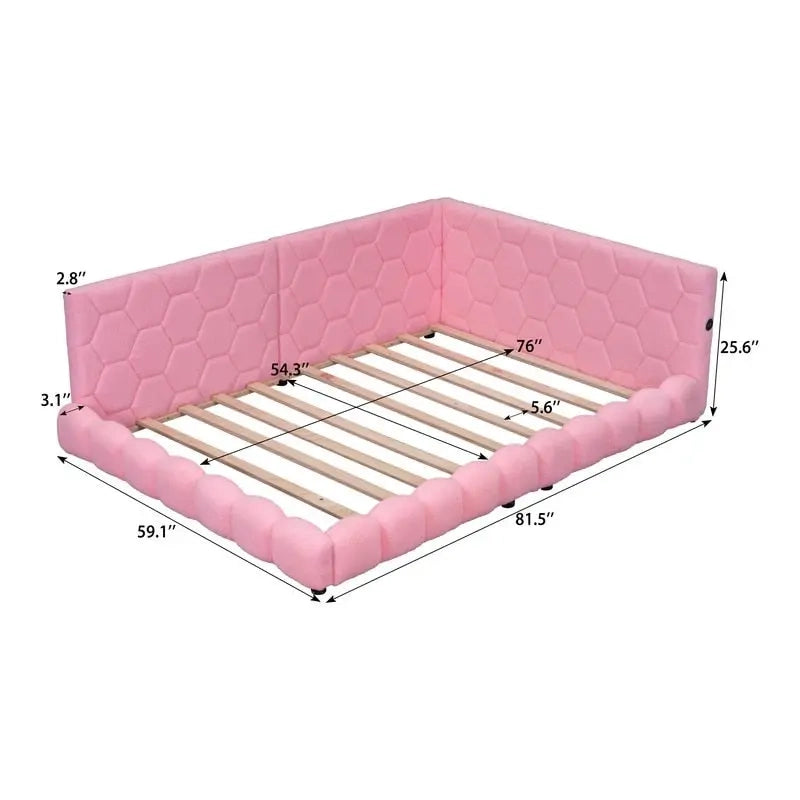 Cama nido de tamaño completo tapizada en tejido teddy blanco/rosa con luces LED y puertos USB, capacidad para 1 persona