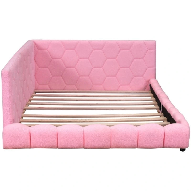 Cama nido de tamaño completo tapizada en tejido teddy blanco/rosa con luces LED y puertos USB, capacidad para 1 persona