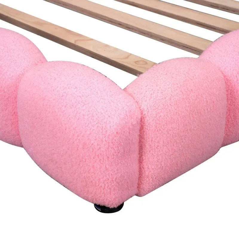 Cama nido de tamaño completo tapizada en tejido teddy blanco/rosa con luces LED y puertos USB, capacidad para 1 persona